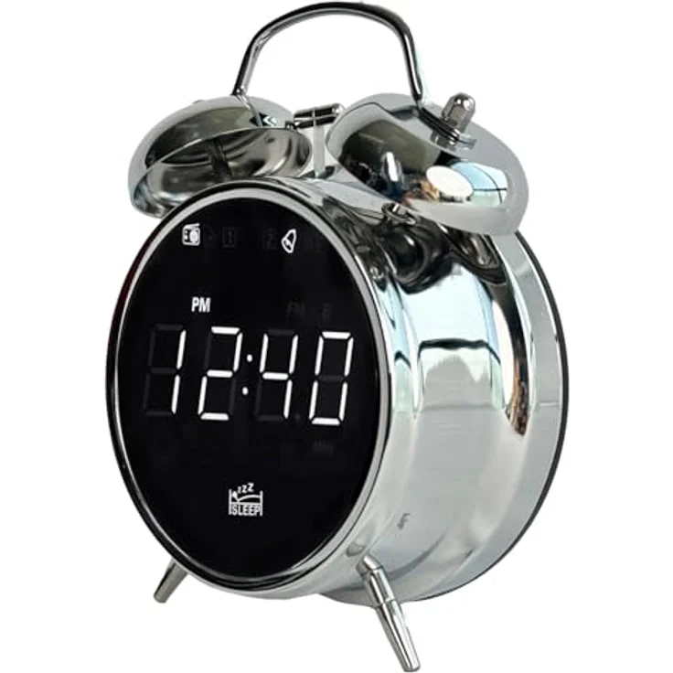 SILVA Schneider URW 240 Retro Uhrenradio, Weckfunktion mit Doppelglockenwecker, dimmbares LED-Display, Einschlaf-Timer, Wecken mit Klingel oder Radio, Chrom – Bild 2