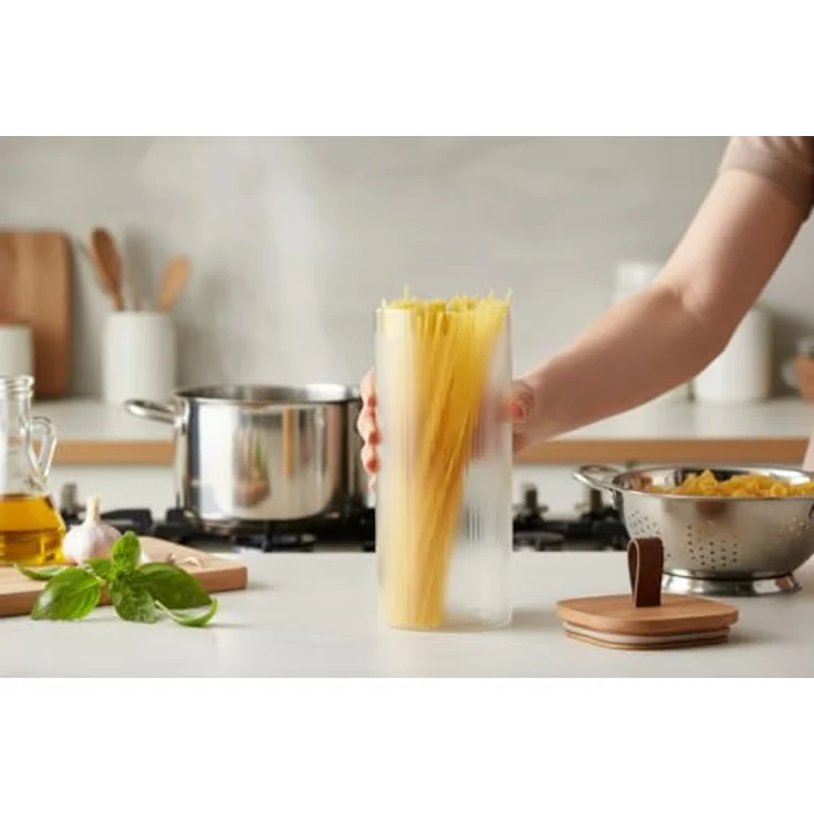 LS-LebenStil Vorratsdose aus Glas 1900ml, Luftdichter Vorratsbehälter mit Holzdeckel und Lederschlaufe, 28x10cm, ideal für Pasta und Müsli – Bild 3