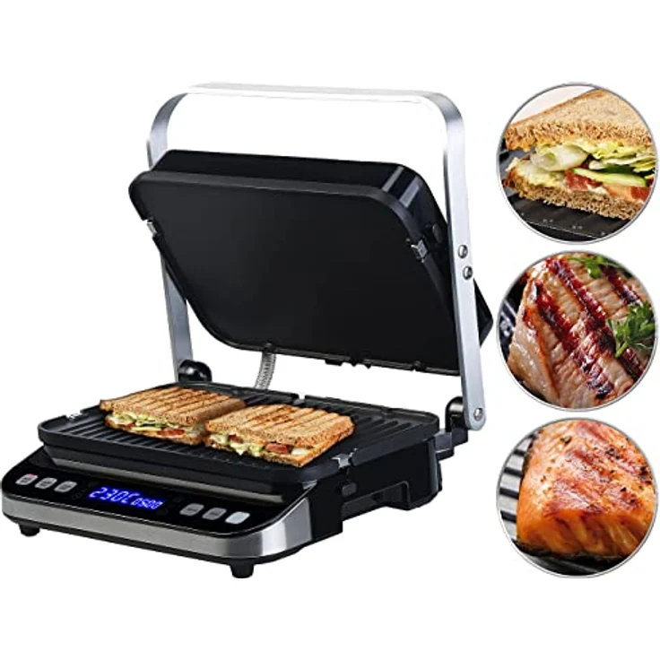 Rosenstein und Söhne Sandwichmaker: Digitaler Panini-, Sandwich- & Kontaktgrill, Timer & Memory, 2.000 W, Edelstahlgehäuse (Plattengrill, Grills, Grillspieße) – Bild 2