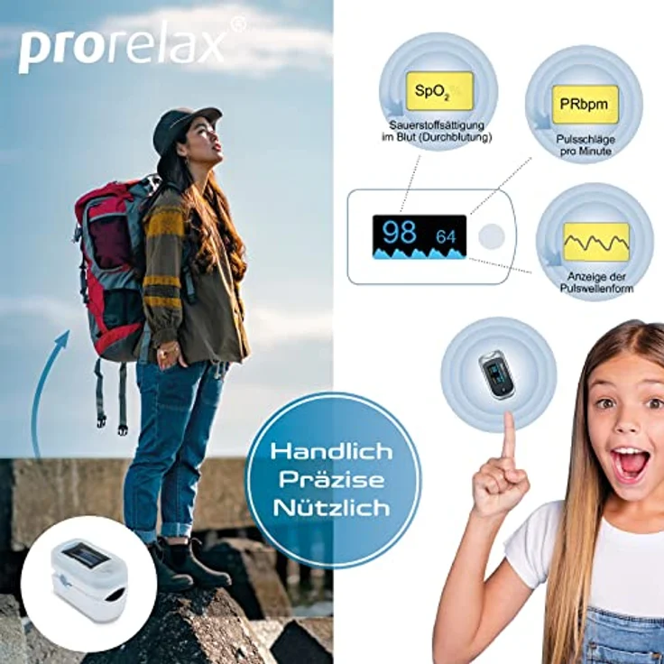 prorelax Pulsoximeter | Zur Selbstkontrolle von Herz-Frequenz, Puls-Frequenz und arterieller Sauerstoffsättigung | Einfache Messung am Finger | LED-Display mit großen Ziffern – Bild 5