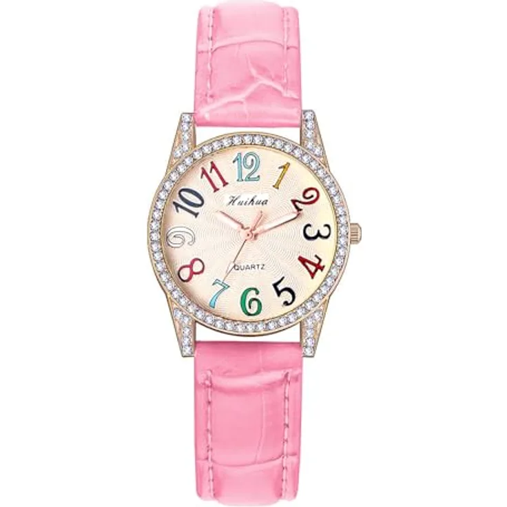 JewelryWe Damen Analog Quarz Armbanduhr, Glitzer Strass Zifferblatt mit bunten arabischen Zahlen, rosa Lederarmband, 10m wasserdicht