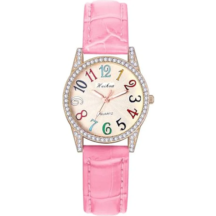 JewelryWe Damen Analog Quarz Armbanduhr, Glitzer Strass Zifferblatt mit bunten arabischen Zahlen, rosa Lederarmband, 10m wasserdicht – Bild 1