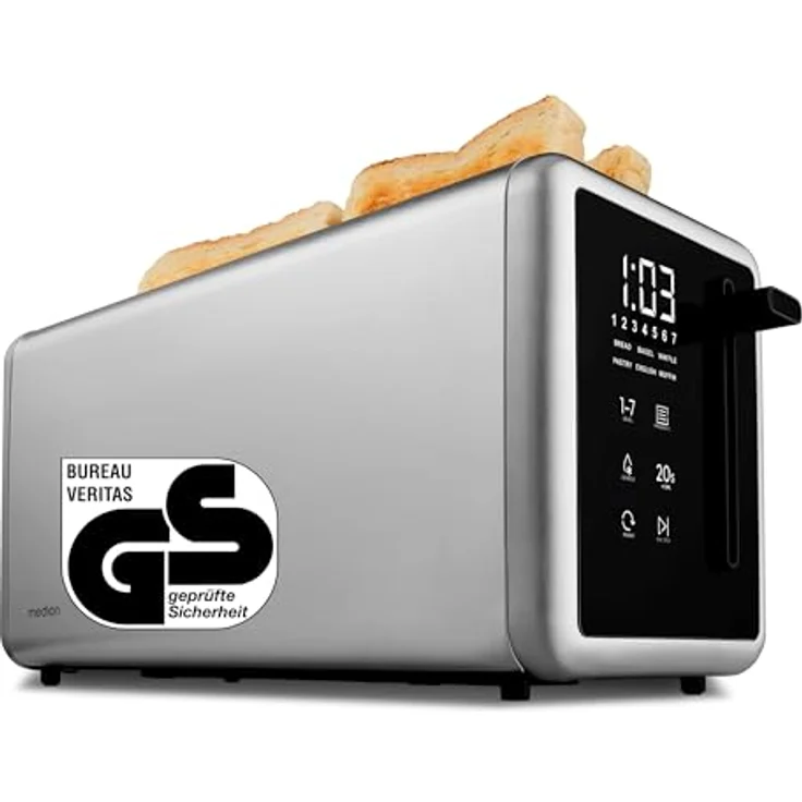 MEDION Toaster MD 12103, 4-Scheiben Toaster mit Brötchenaufsatz, 7 Bräunungsstufen, 5 Automatikprogramme, 1.450 Watt, Edelstahl Matt, Silber – Bild 1