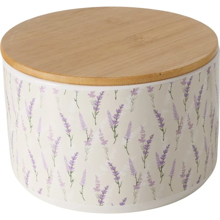 Boltze Behälter aus Keramik LAVANDER mit Bambusdeckel, Ø 16 cm - langlebige Aufbewahrungsbox aus Keramik mit 1400 ml Fassungsvermögen und handgefertigtem Lavendel-Muster