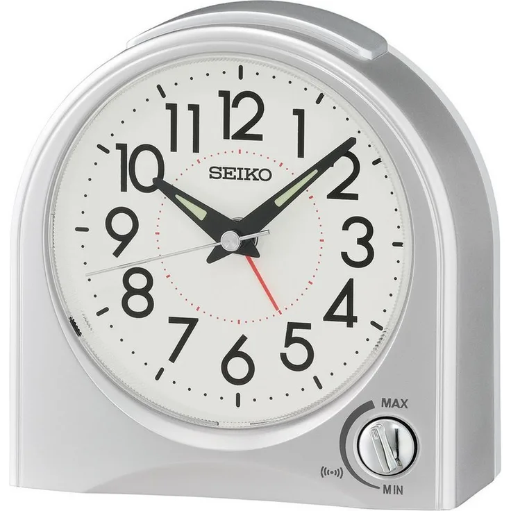 Seiko Quarzwecker, präzises Quarzwerk mit Stundenalarm, Schlummerfunktion, silberfarbenes Kunststoffgehäuse, leise und beleuchtetes Zifferblatt