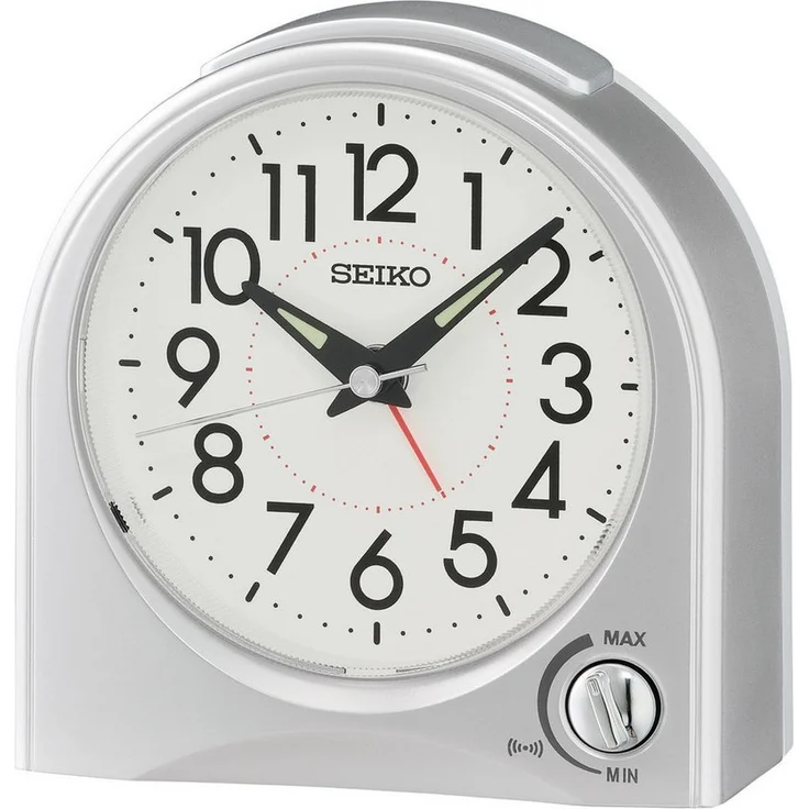 Seiko Quarzwecker, präzises Quarzwerk mit Stundenalarm, Schlummerfunktion, silberfarbenes Kunststoffgehäuse, leise und beleuchtetes Zifferblatt
