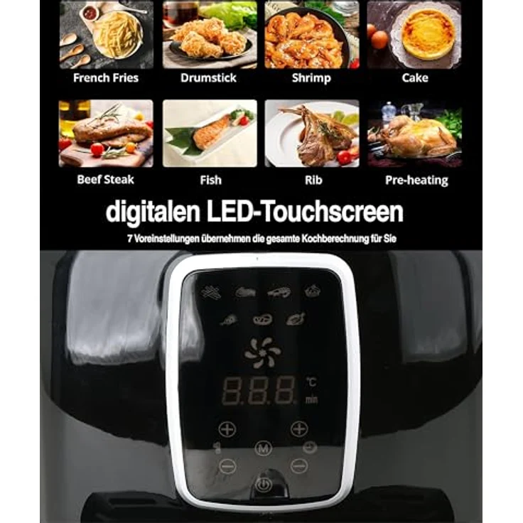 YATO Heißluftfritteuse YP-1800S, 1800 W Airfryer mit 8 L Fassungsvermögen, digitalem LED Touchscreen, 7 Programmen, multifunktional Frittieren, Backen, Grillen, Auftauen – Bild 4