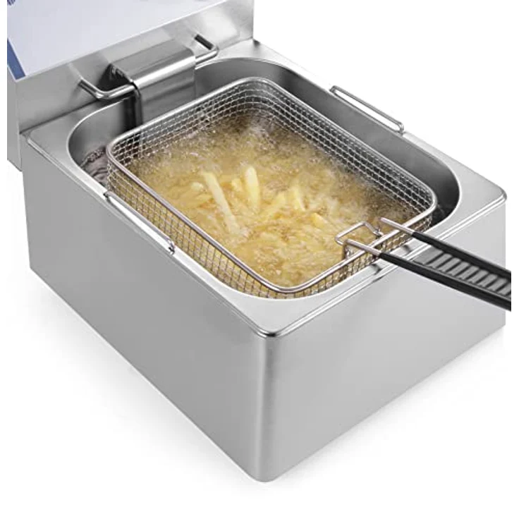 HENDI Fritteuse, Friteuse, Fritöse, einstellbar bis 190°C, Kaltzone, mit Frittierkorb und Deckel, Entnehmbar Becken, Sicherheitsthermometer, 4L, 230V, 3000W, 217x380x(H)300mm, Edelstahl – Bild 6