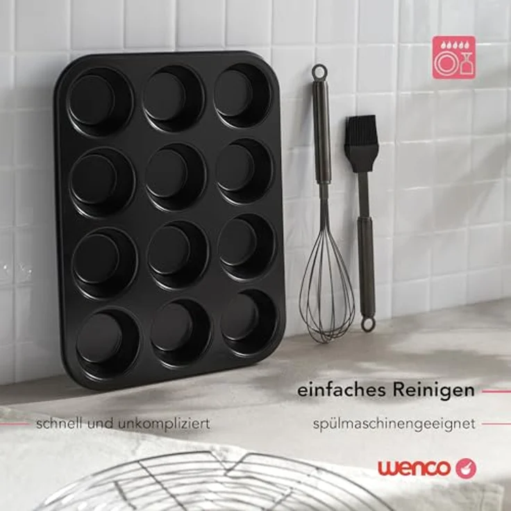 wenco Muffinform 12er, antihaft Backblech aus Karbonstahl, spülmaschinengeeignet, hitzebeständig bis 220°C, schwarz – Bild 5