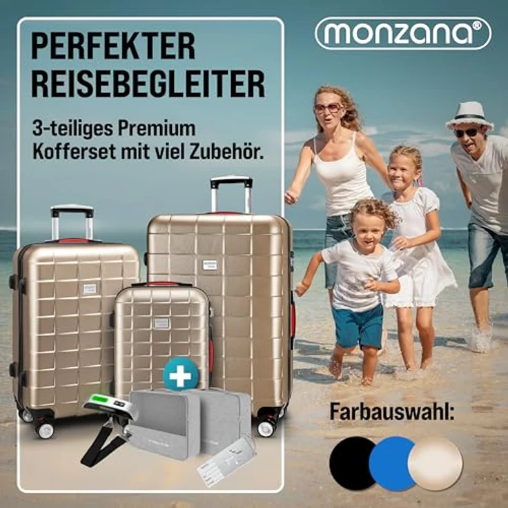 Monzana 3tlg Kofferset TSA Schloss Organizer Kofferwaage Gel-Griffe Zwillingsrollen Standfüße Trolley Reisekoffer Hartschale Koffer M-L-XL Champagner – Bild 2