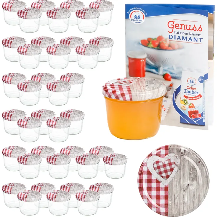 40er Set Sturzglas 230 ml To 82 Holz Herz rot Deckel incl. Diamant Gelierzauber Rezeptheft