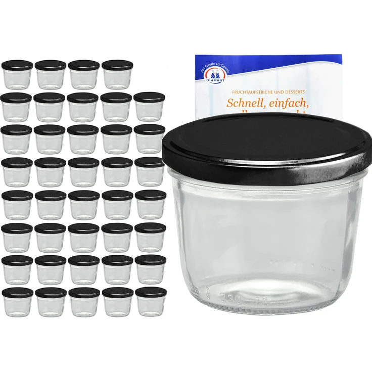 40er Set Sturzglas 230 ml mit schwarzem Deckel inkl. Diamant Gelierzauber Rezeptheft – Bild 1