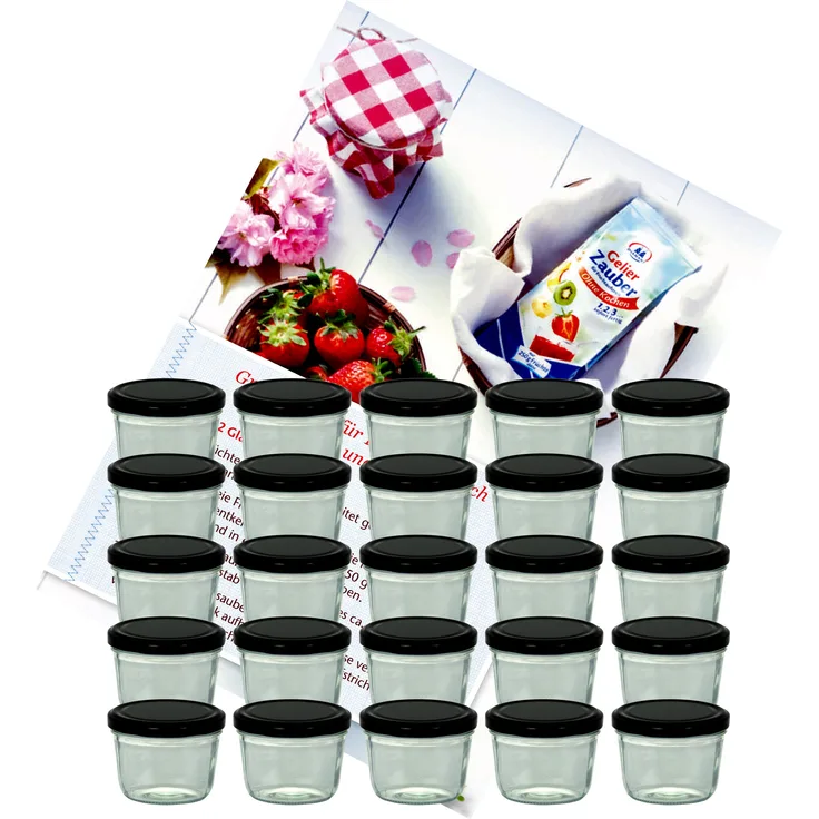 25er Set Sturzglas 230 ml To 82 schwarzer Deckel incl. Diamant-Zucker Gelierzauber Rezeptheft