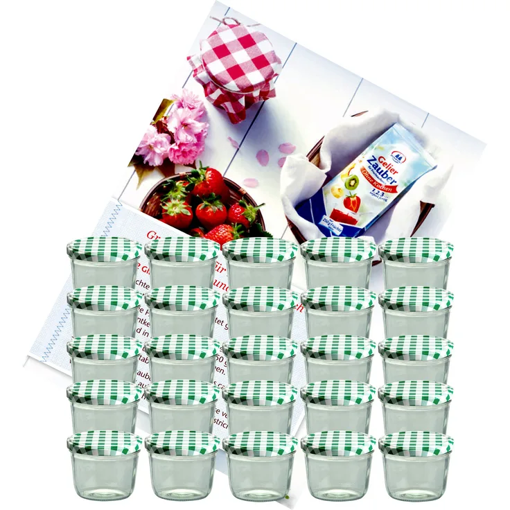 25er Set Sturzglas 230 ml To 82 grün karierter Deckel incl. Diamant-Zucker Gelierzauber Rezeptheft