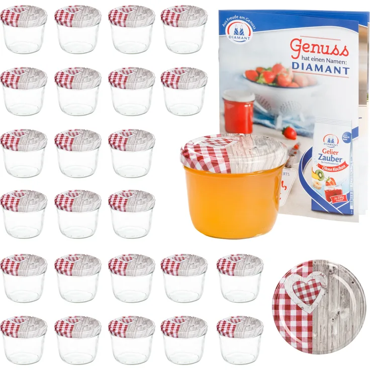 25er Set Sturzglas 230 ml To 82 Holz Herz rot Deckel incl. Diamant Gelierzauber Rezeptheft