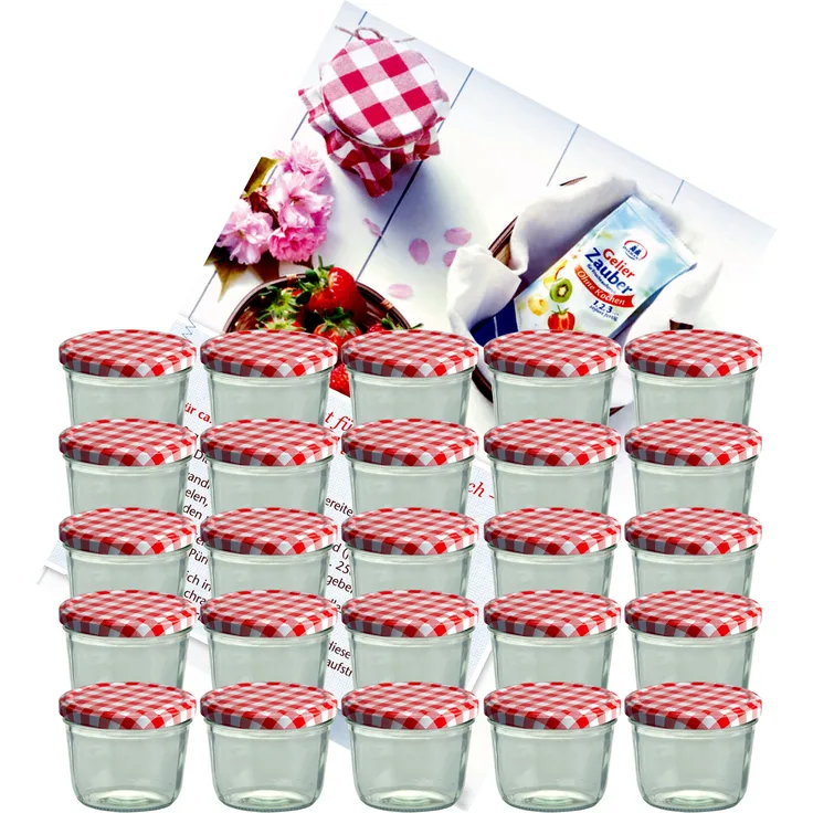 25er Set Sturzglas 230 ml To 82 rot karierter Deckel incl. Diamant-Zucker Gelierzauber Rezeptheft
