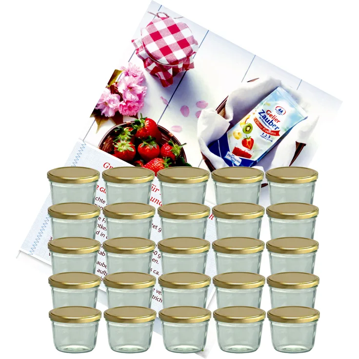 25er Set Sturzglas 230 ml To 82 goldener Deckel incl. Diamant-Zucker Gelierzauber Rezeptheft