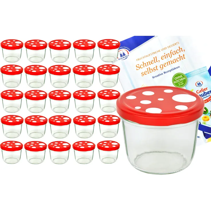 25er Set Sturzglas 230 ml To 82 Fliegenpilz Deckel rot weiß gepunktet incl. Diamant Rezeptheft