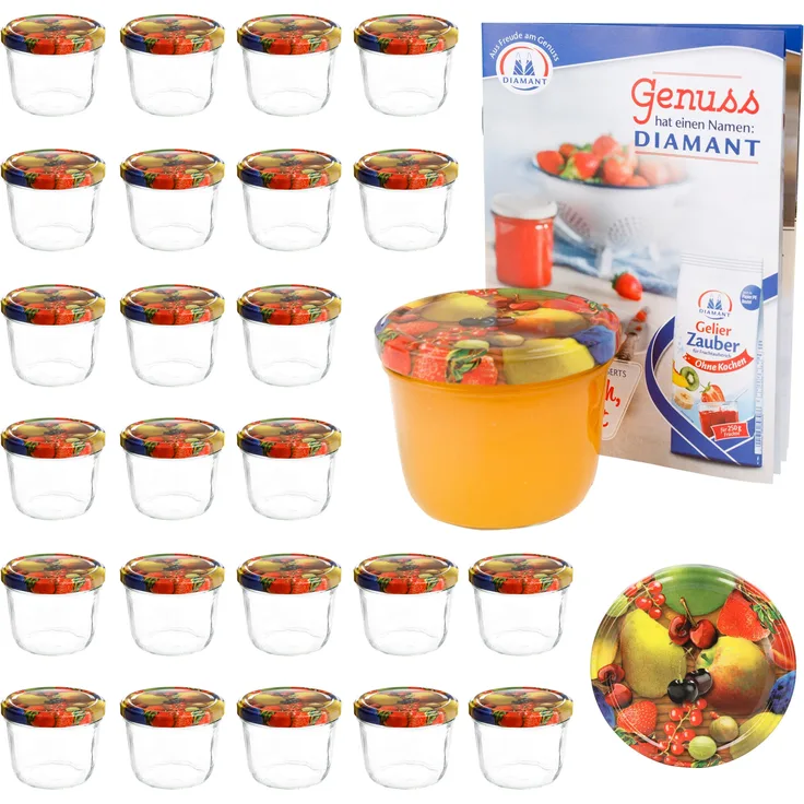 25er Set Sturzglas 230 ml To 82 Obst gelbe Birne Deckel incl. Diamant Gelierzauber Rezeptheft