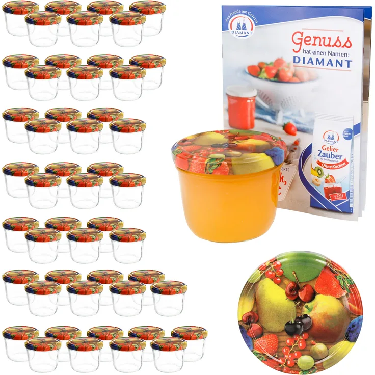 50er Set Sturzglas 230 ml To 82 Obst gelbe Birne Deckel incl. Diamant Gelierzauber Rezeptheft