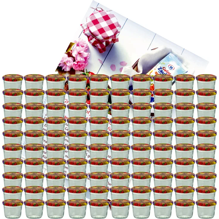 100er Set Sturzglas 230 ml To 82 Obst Dekor Deckel incl. Diamant-Zucker Gelierzauber Rezeptheft