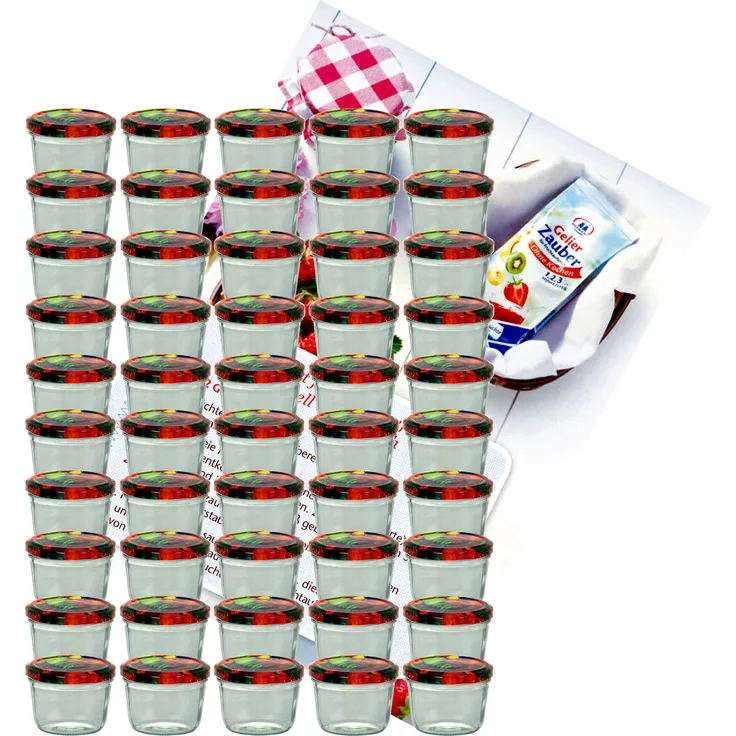 50er Set Sturzglas 230 ml Marmeladenglas Einmachglas To 82 Obst Dekor Deckel incl. Rezeptheft