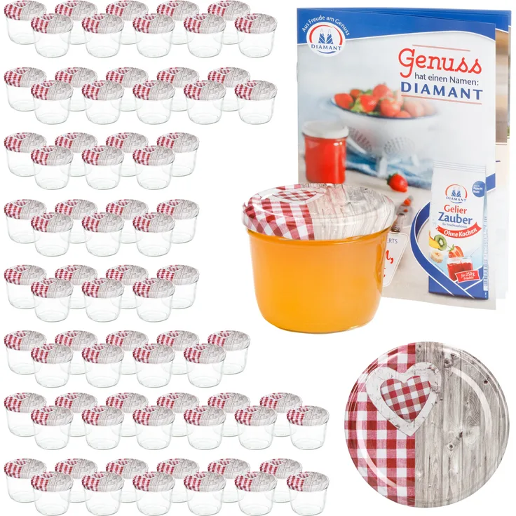100er Set Sturzglas 230 ml To 82 Holz Herz rot Deckel incl. Diamant Gelierzauber Rezeptheft