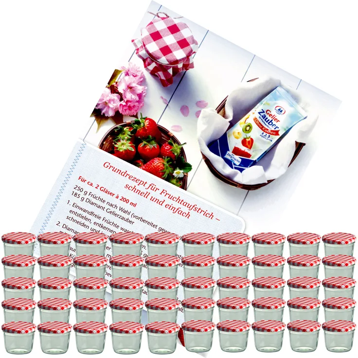 50er Set Sturzglas 230 ml Marmeladenglas Einmachglas To 82 rot karierter Deckel incl. Rezeptheft