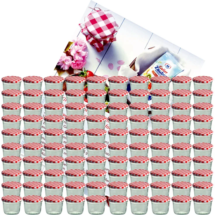 100er Set Sturzglas 230 ml To 82 rot karierter Deckel incl. Diamant-Zucker Gelierzauber Rezeptheft