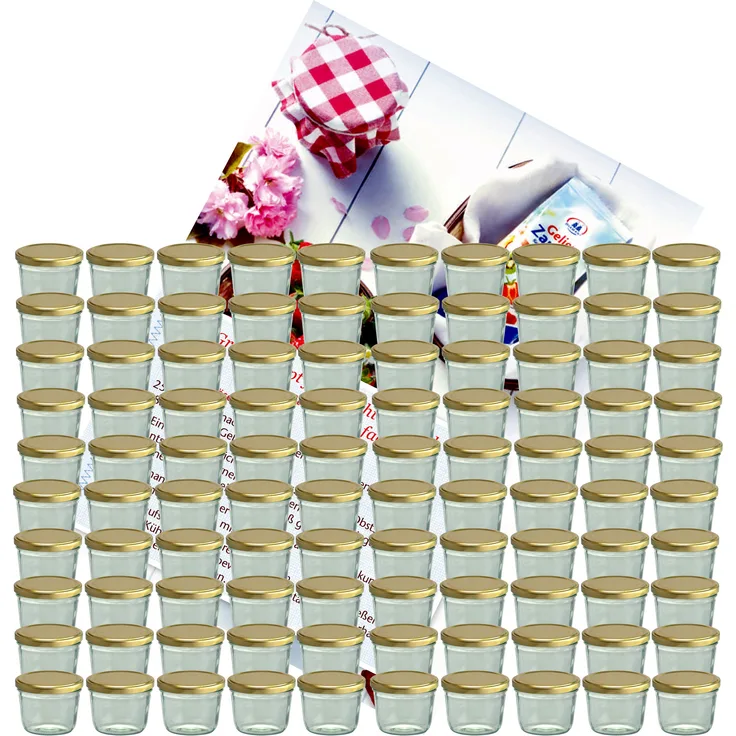 100er Set Sturzglas 230 ml To 82 goldener Deckel incl. Diamant-Zucker Gelierzauber Rezeptheft