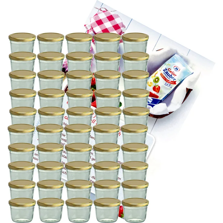 50er Set Sturzglas 230 ml Marmeladenglas Einmachglas To 82 goldener Deckel incl. Rezeptheft