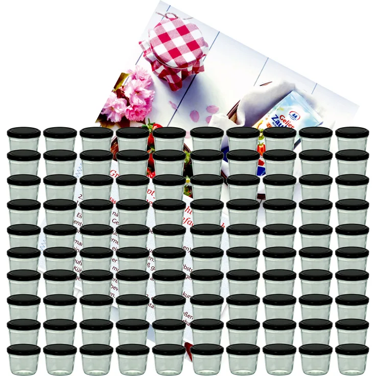 100er Set Sturzglas 230 ml To 82 schwarzer Deckel incl. Diamant-Zucker Gelierzauber Rezeptheft