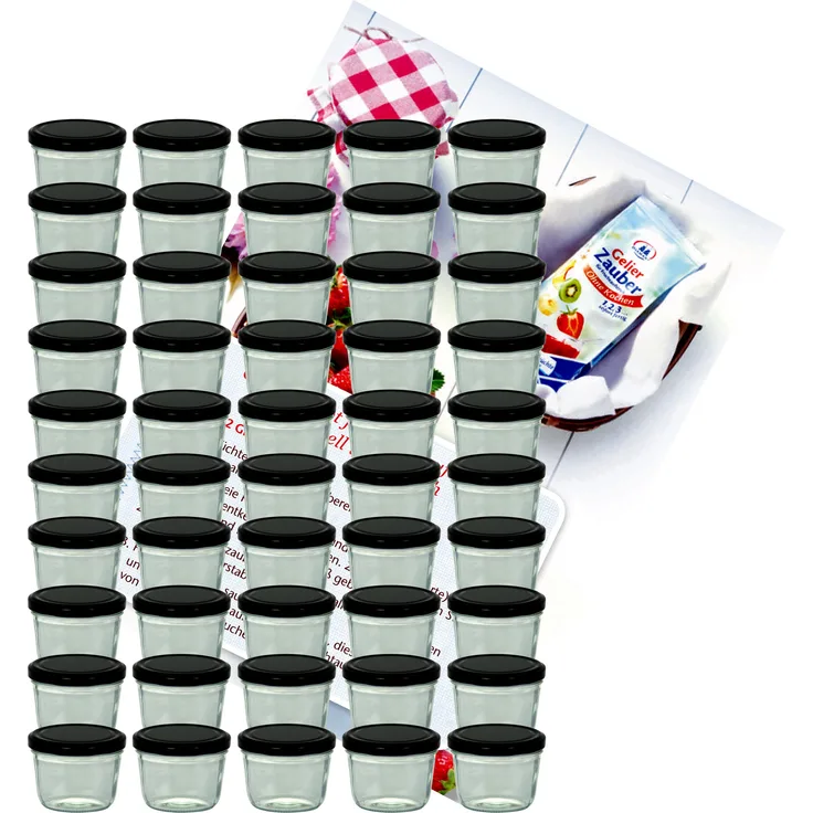 50er Set Sturzglas 230 ml Marmeladenglas Einmachglas To 82 schwarzer Deckel incl. Rezeptheft