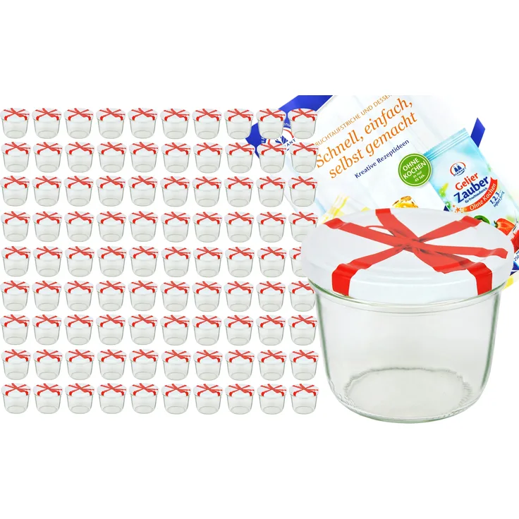 100er Set Sturzglas 230 ml To 82 Schleifendekor Deckel incl. Diamant Gelierzauber Rezeptheft