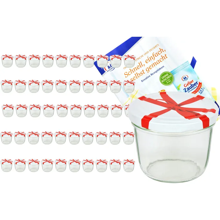 50er Set Sturzglas 230 ml To 82 Schleifendekor Deckel incl. Diamant Gelierzauber Rezeptheft
