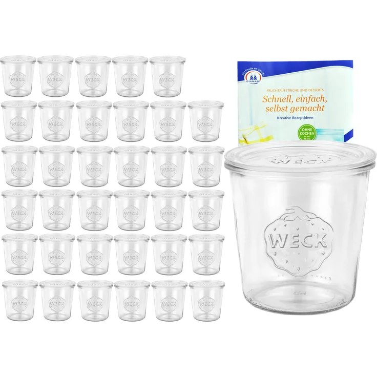 36er Set Weck Gläser 580ml Sturzgläser mit 36 Glasdeckeln inkl. Diamant Gelierzauber Rezeptheft