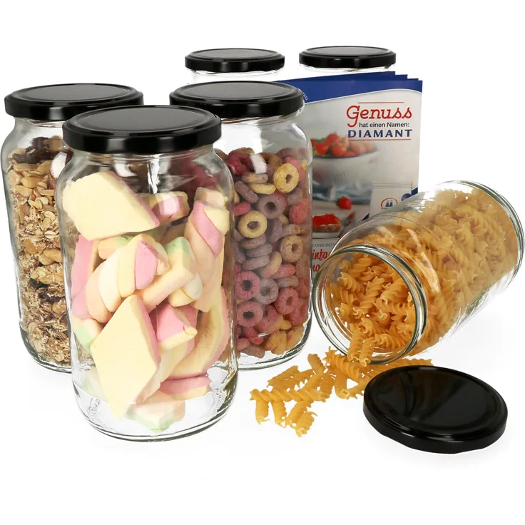 6er Set Einkochgläser 1062 ml Rundglas schwarzer Deckel Einmachgläser Marmelade Einweckgläser