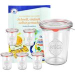 6er Set Weck Gläser 850ml, 3/4L Sturzgläser mit 6 Glasdeckeln, 6 Einkochringen und 12 Klammern