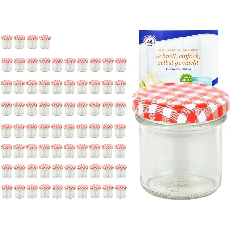 75er Set Sturzglas 167 ml To 66 rot karierter Deckel Einmachgläser Einkochgläser incl. Rezeptheft