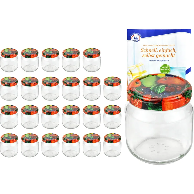 24er Set Rundglas 212 ml nieder To 66 Obst Dekor Deckel Sturzgläser Einkochgläser incl. Rezeptheft