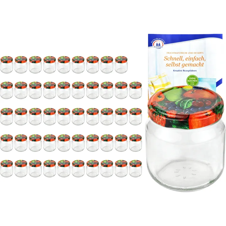 50er Set Rundglas 212 ml nieder To 66 Obst Dekor Deckel Marmeladengläser Gläser incl. Rezeptheft