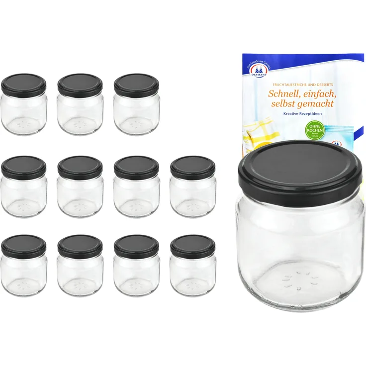 12er Set Rundglas 212 ml nieder To 66 schwarzer Deckel Einkochgläser Gläser incl. Rezeptheft