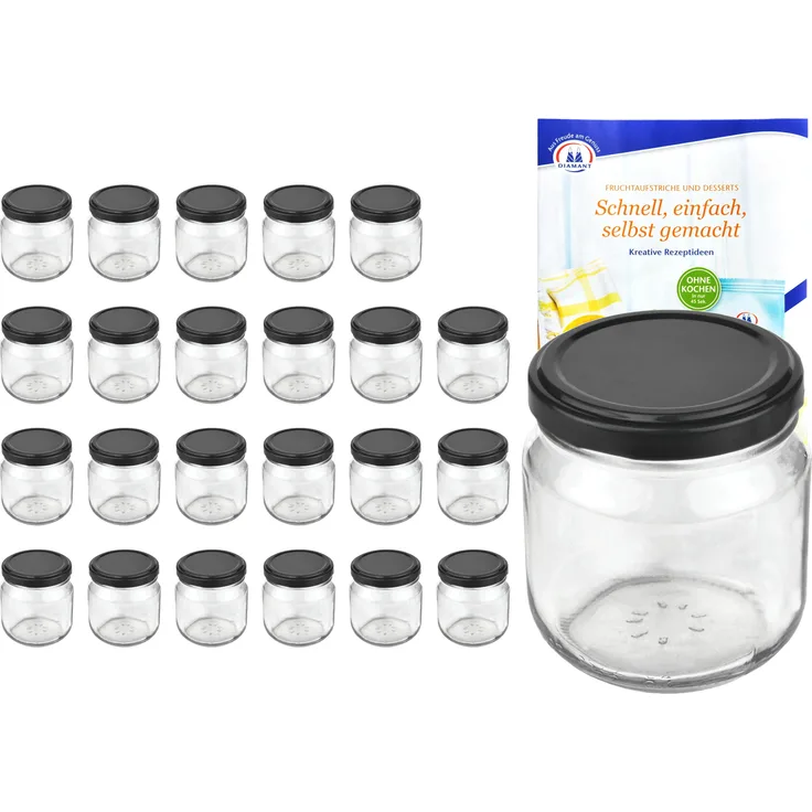 24er Set Rundglas 212 ml nieder To 66 schwarzer Deckel Sturzgläser Einmachgläser incl. Rezeptheft