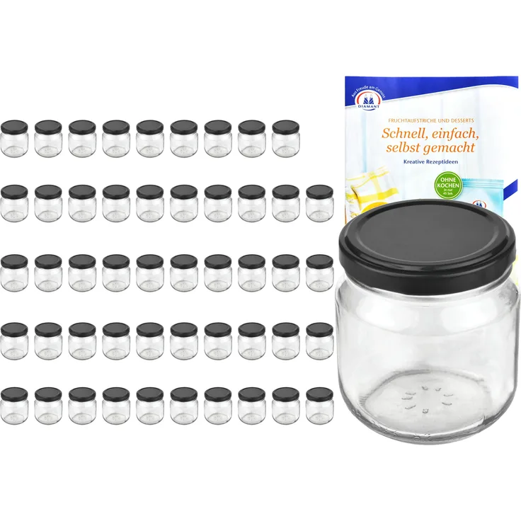 50er Set Rundglas 212 ml nieder To 66 schwarzer Deckel Sturzgläser Einkochgläser incl. Rezeptheft