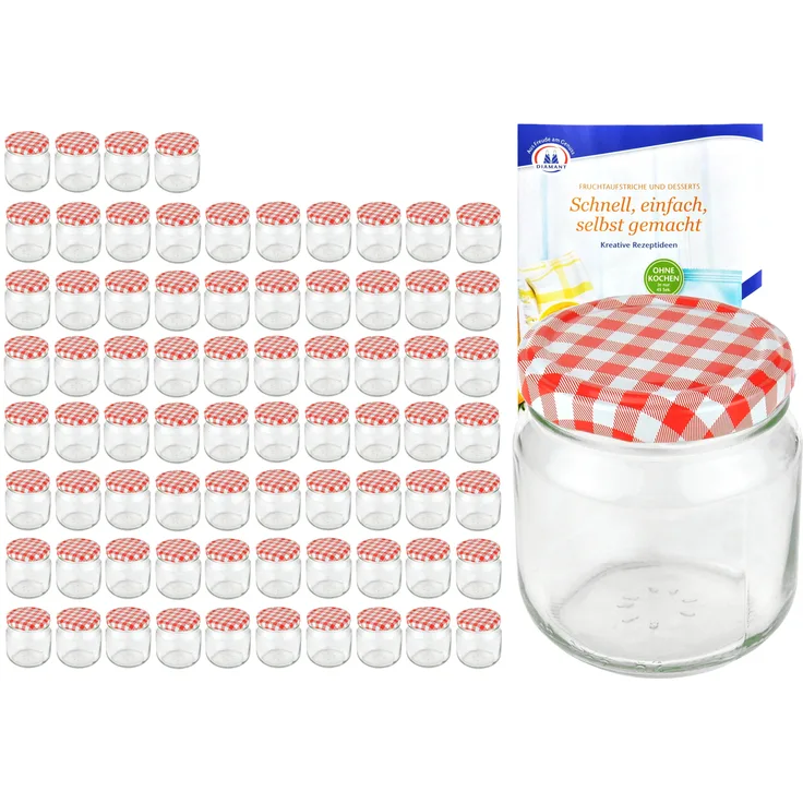 75er Set Rundglas 212 ml nieder To 66 rot karierter Deckel Marmeladengläser Glas incl. Rezeptheft