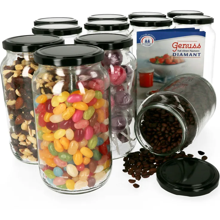 12er Set Einmachglas 1062 ml Deckel Schwarz Einkochgläser Vorratsglas Glasbehälter Aufbewahrung