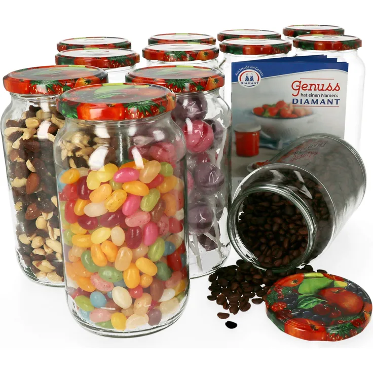 12er Set Einmachglas 1062 ml Deckel mit Obst-Dekor Rund- Einkochgläser Vorratsglas Aufbewahrung