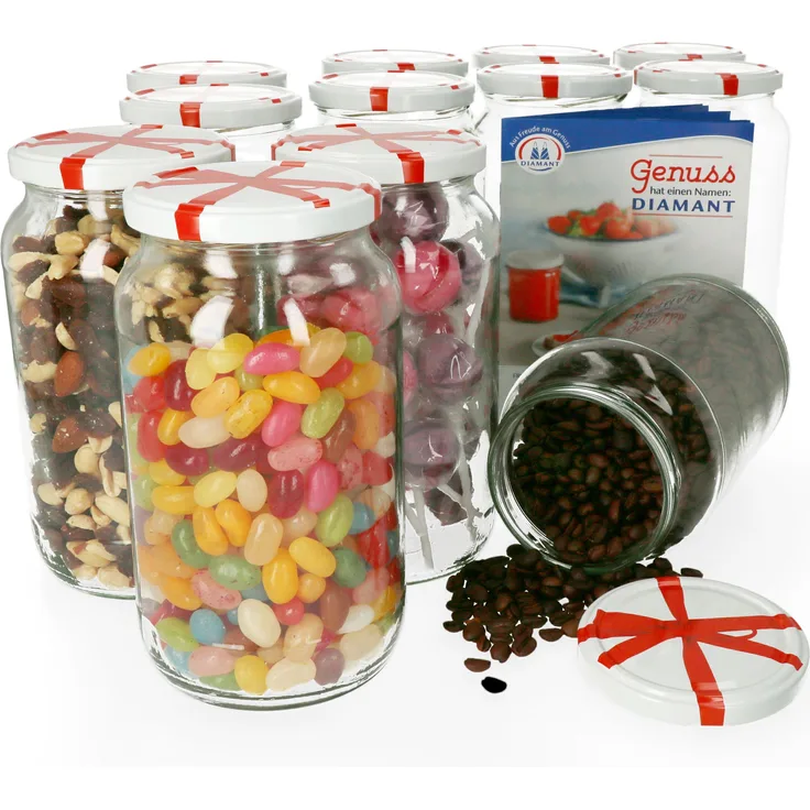12er Set Einmachglas 1062 ml Deckel Schleifen-Dekor Rund- / Einkochgläser Vorratsglas Aufbewahrung