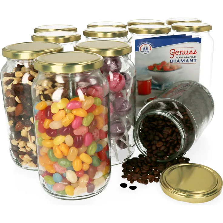 12er Set Einmachglas 1062ml Deckel Gold Rund- Einkochgläser Vorratsglas Glasbehälter Aufbewahrung