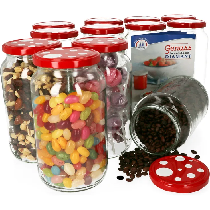 12er Set Einmachglas 1062 ml Deckel Fliegenpilz-Dekor Rund- Einkochgläser Vorratsglas Aufbewahrung
